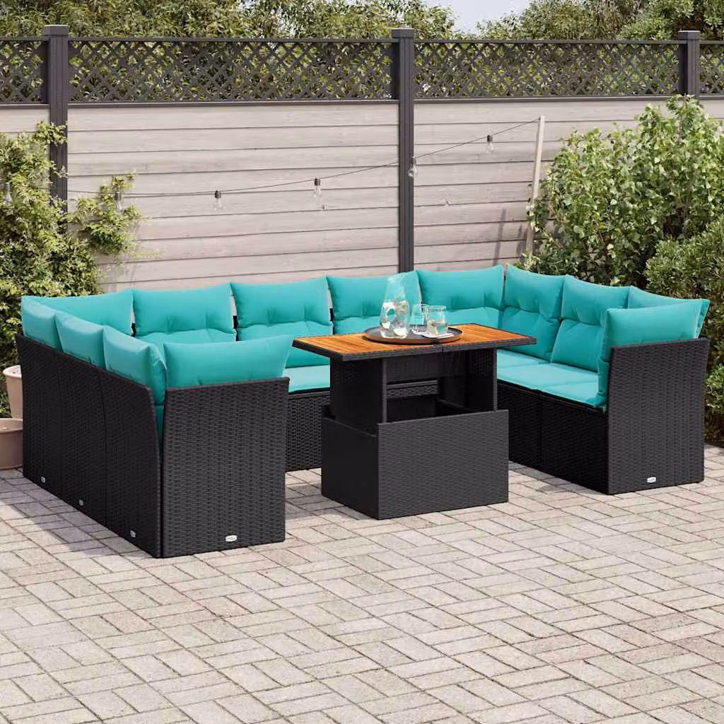 vidaXL Set Divani da Giardino a L con Cuscini e Tavolino da Caffè, Polyrattan Nero e Blu con Struttura in Acciaio e Legno di Acacia