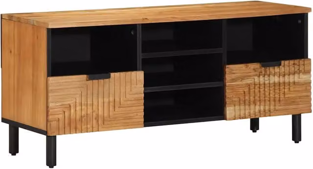 Mobile TV moderno in legno di mango massello marrone con design astratto, L: 100 cm, P: 33 cm, H: 46 cm – 1