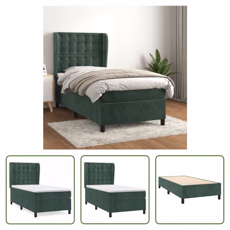 The Living Store Letto a molle con materasso verde scuro 90x200 cm in velluto