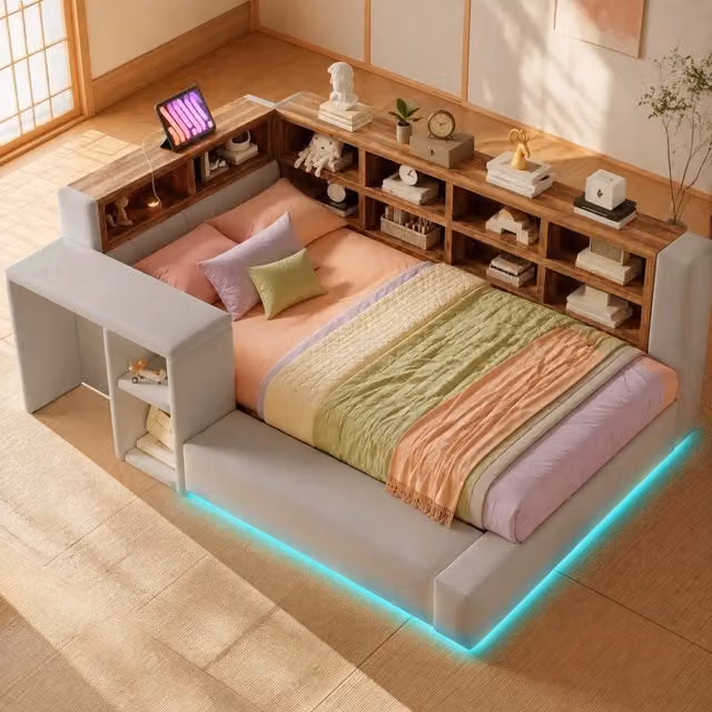 Letto imbottito 90x200 cm con LED; prese integrate; vani a giorno e tavolino laterale; grigio chiaro