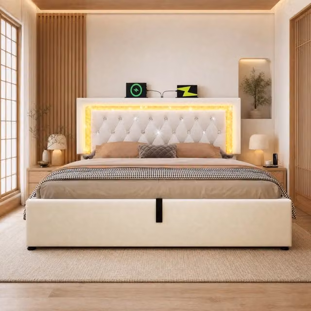 Letto imbottito 140x200 cm in velluto beige con LED integrati, stazione di ricarica USB e Type-C, contenitore idraulico e doghe, senza materasso