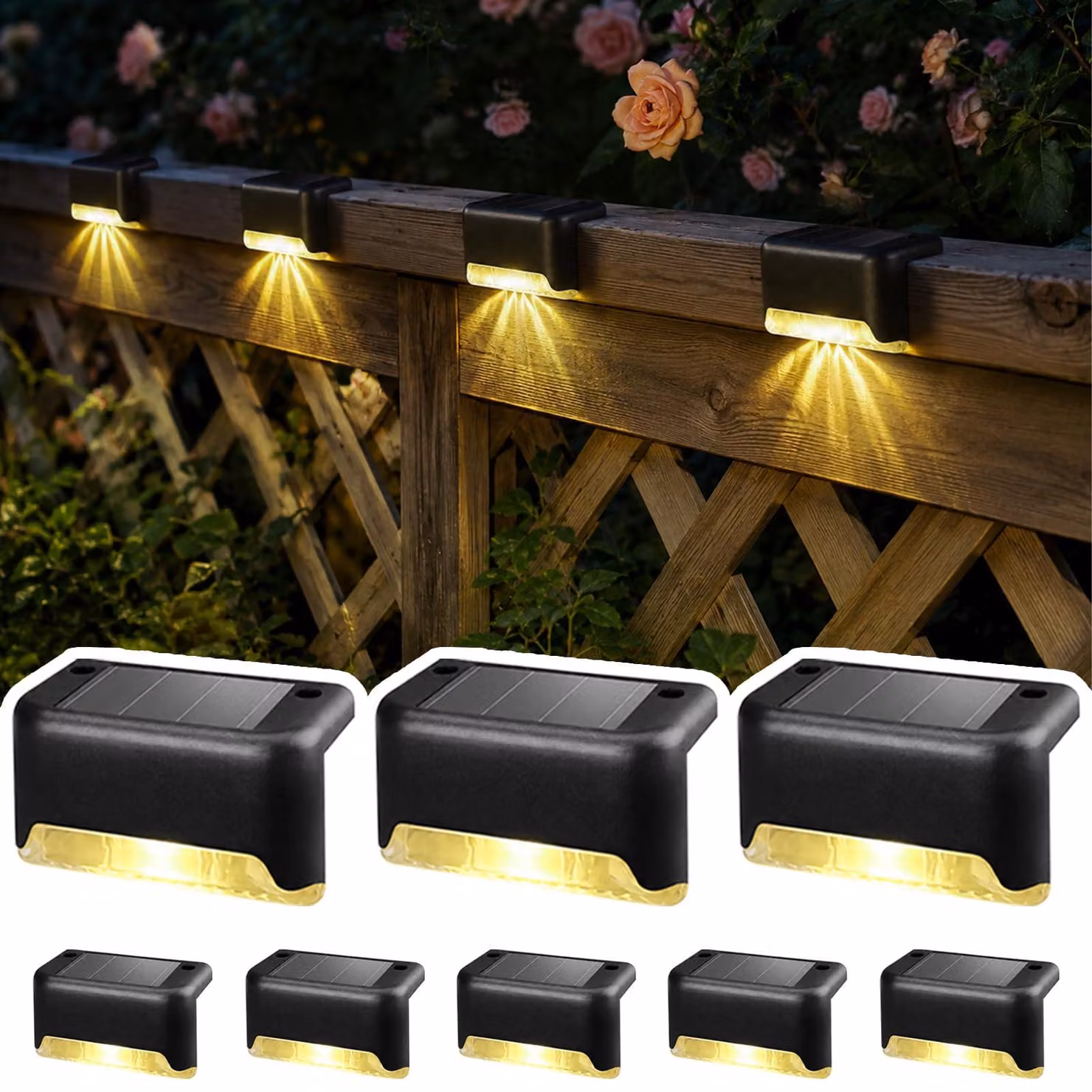 Luci solari per scale, set di 8 pezzi, luce bianco caldo, tecnologia LED, grado di protezione IP55, impermeabili