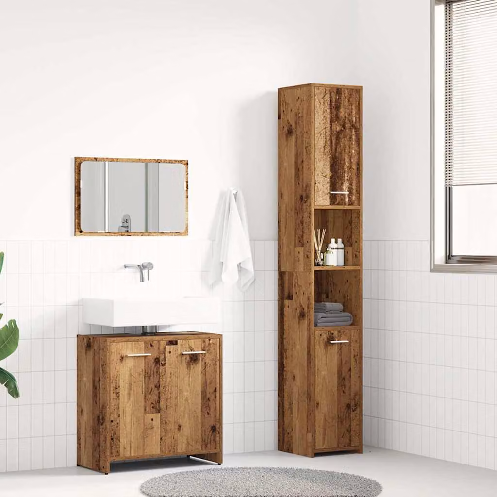 Set di mobili da bagno vidaXL 3 pezzi in legno marrone stile minimalista con mobile lavabo, armadietto con specchio e colonna alta