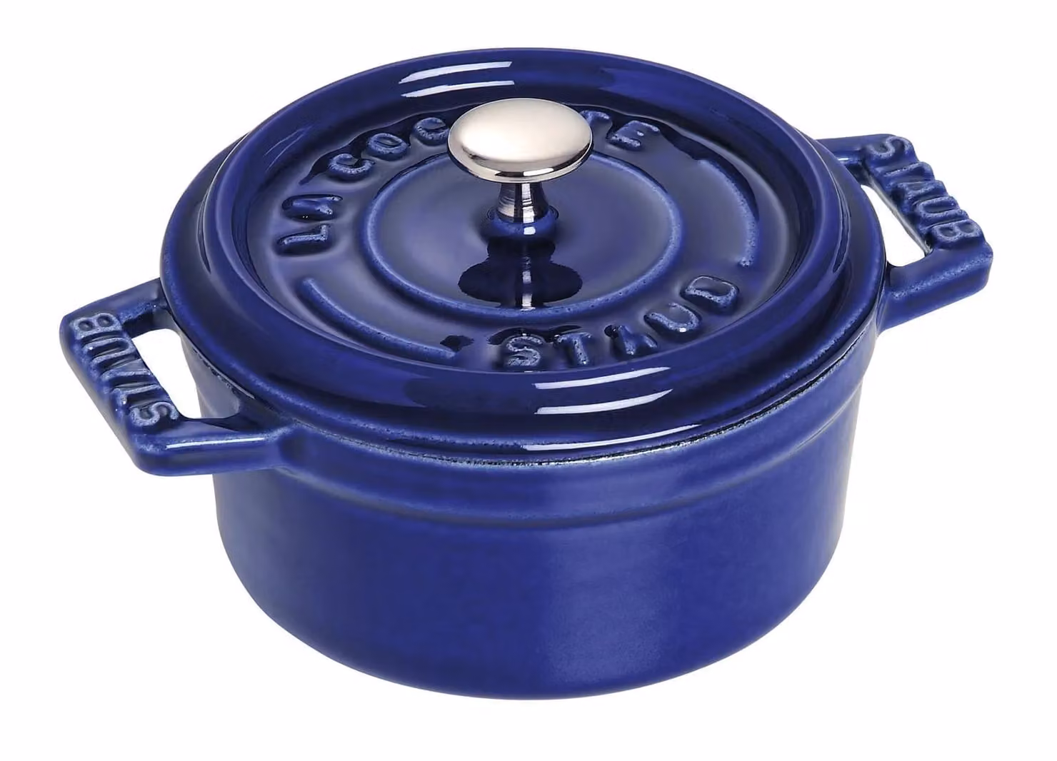 Casseruola tonda in ghisa per induzione colore blu scuro con maniglie e coperchio, diam. 10cm