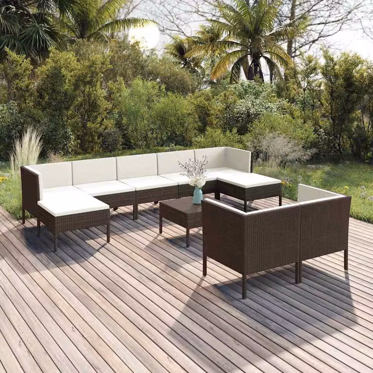 vidaXL Set Divani da Giardino 10 Pezzi a Forma di U con Cuscini e Tavolino, Polyrattan Marrone e Bianco