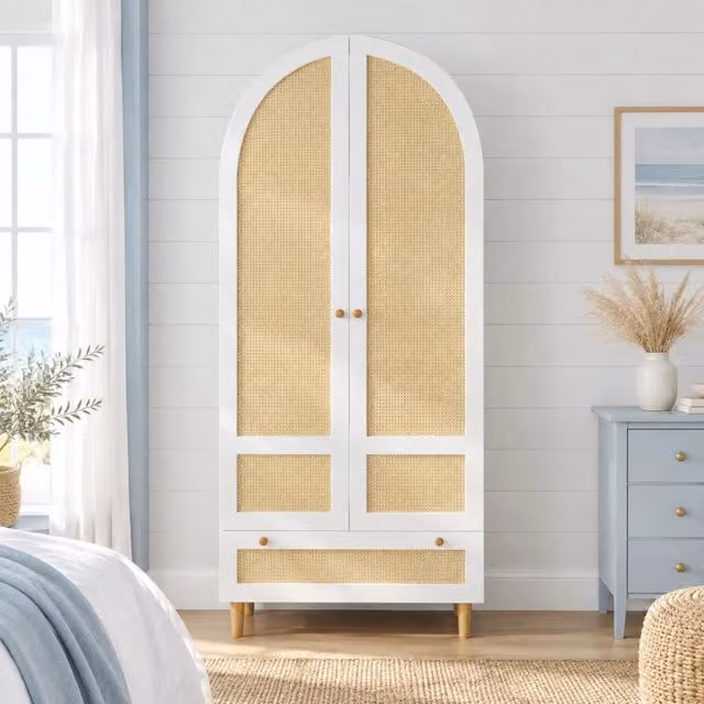 Armadio guardaroba 80x50x180 cm in MDF con rattan naturale, bianco, asta appendiabiti e cassetto
