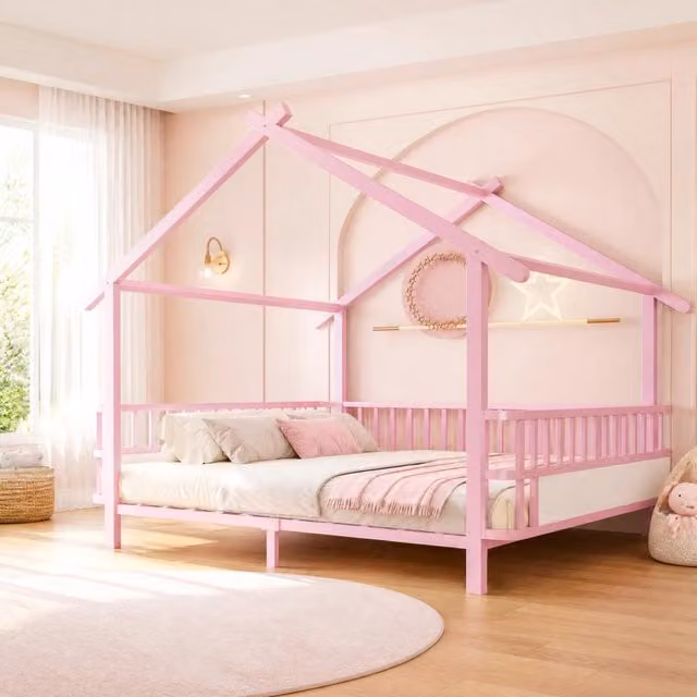 Letto a casetta Mivray per bambini in metallo rosa con tetto decorativo L/P/H: 200 x 140 x 120 cm