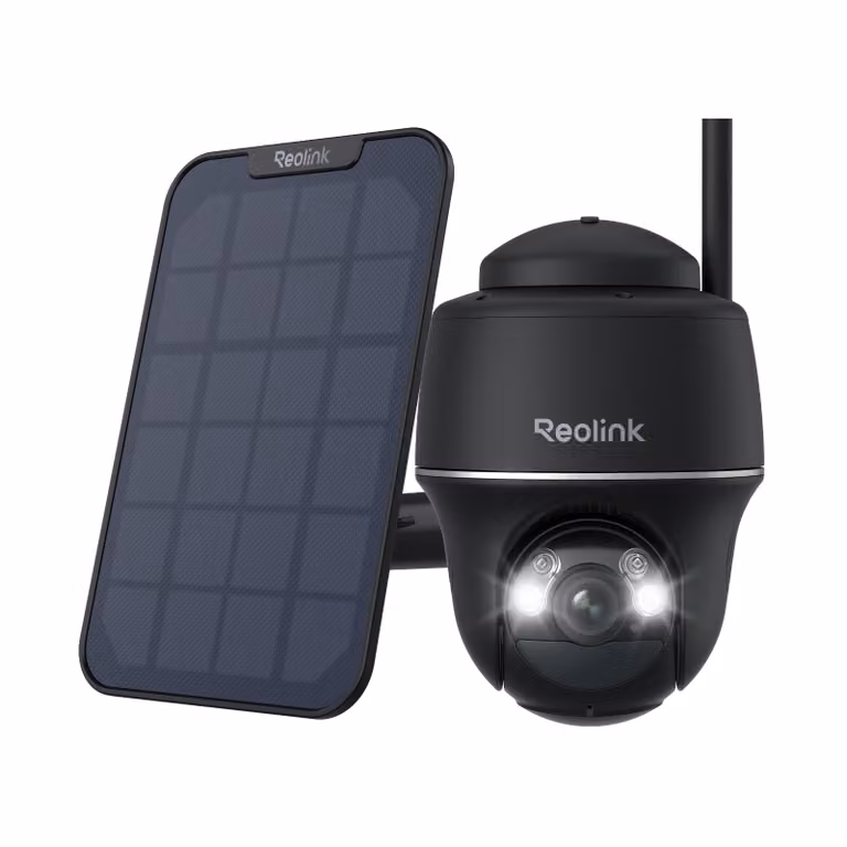 Reolink Argus PT+Pannello solare, telecamera di sorveglianza 2K+ 5MP PTZ a energia solare/batteria per esterni 2,4/5GHz WiFi, rilevamento persone/veicoli, audio bidirezionale, nero