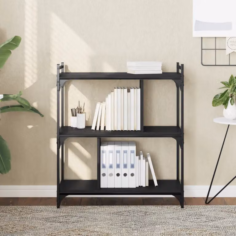 Libreria Industrial vidaXL in Legno e Metallo con 3 Ripiani, Colore Nero, L 76 cm x P 32 cm x H 88 cm