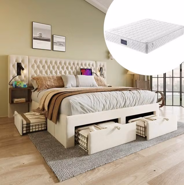 Letto matrimoniale 160×200 in velluto beige con comodini, cassetti e materasso