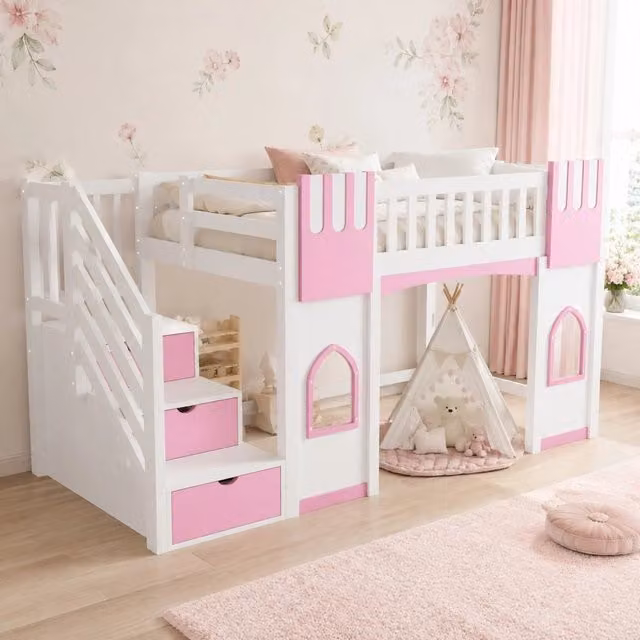 Letto a soppalco FOLYNA in legno e MDF con struttura a casetta, scala contenitore e doghe, colore bianco e rosa, L/P/H: 200 x 90 x 153 cm