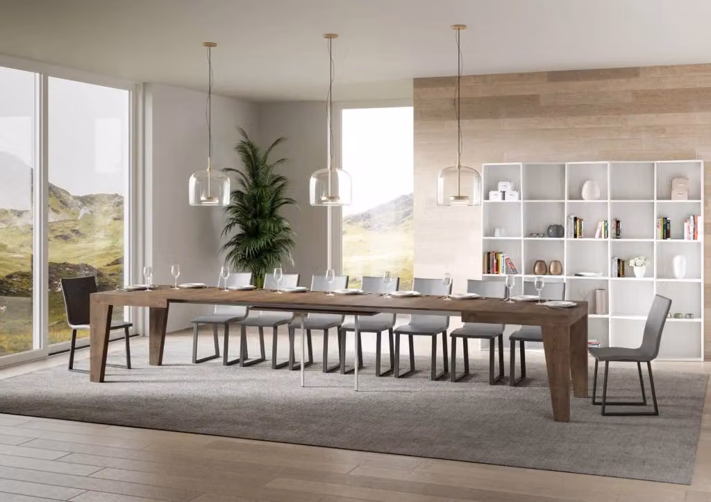 Tavolo allungabile moderno Bs Com Naxor color noce con piano in laminato MDF e struttura a colonna centrale L/P/H: 90 x 180/440 cm – 2
