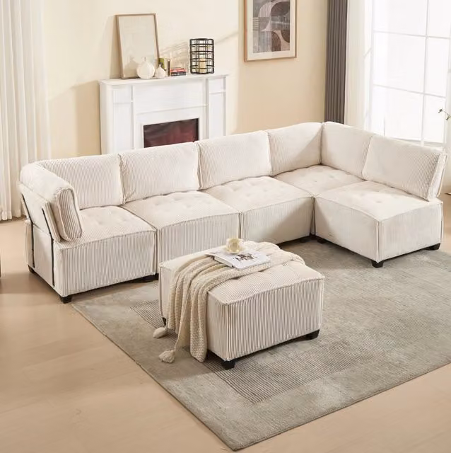 Divano modulare 6 posti 308 cm in velluto a coste beige; configurabile e trasformabile in letto HOMVRA