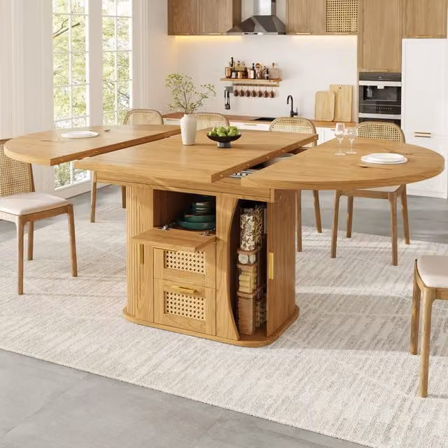 Tavolo da pranzo allungabile con 2 cassetti in rattan e struttura in MDF, per cucina e sala da pranzo, naturale