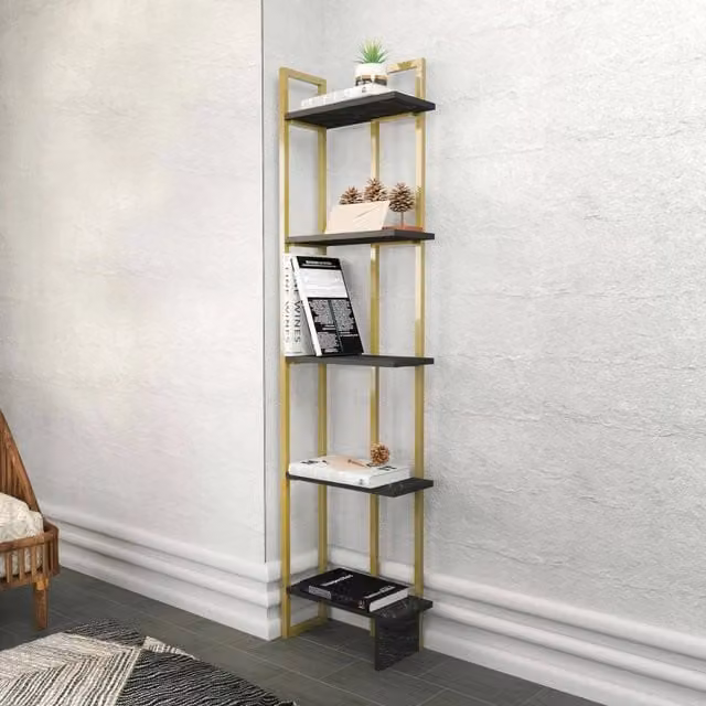 Libreria Giraffa, Scaffale da ufficio, Mobile portalibri, Biblioteca, 45x22h180 cm, Nero e Oro