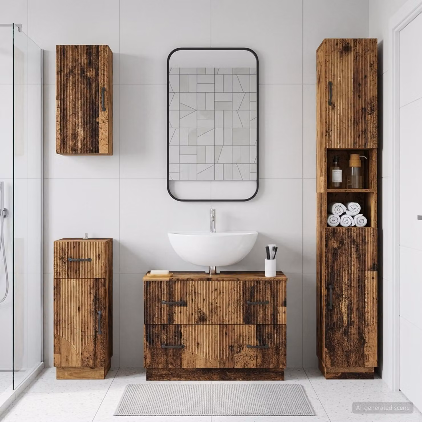 Set di mobili da bagno moderno vidaXL HOORN in legno marrone composto da 4 pezzi con mobile lavabo e pensili a muro