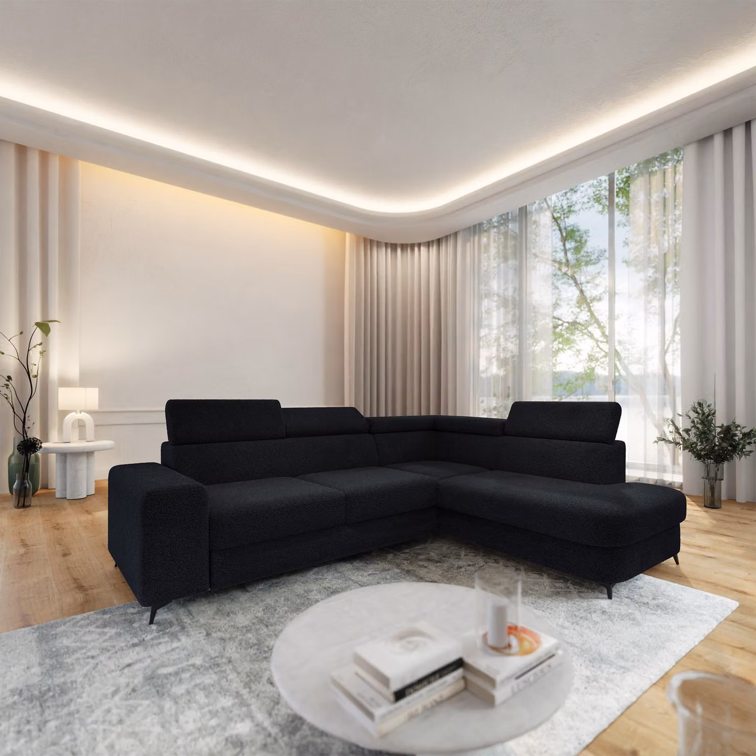 Divano angolare Masseno ALVORO R-S con funzione letto a L, divano con box letto, divano da salotto, divano, divano, divano letto, set di divani - nero, QUELLE 100