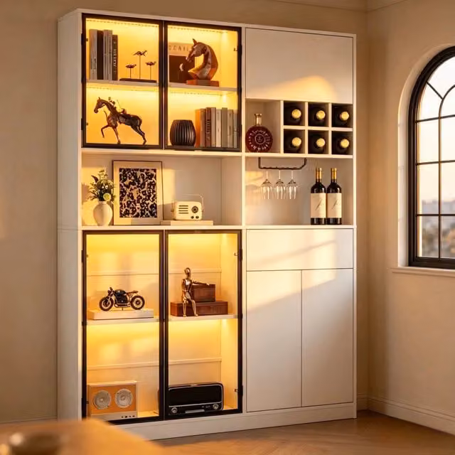 Vetrina verticale 140x30x200 cm in truciolare bianco con LED Bluetooth; 7 ante e 1 cassetto