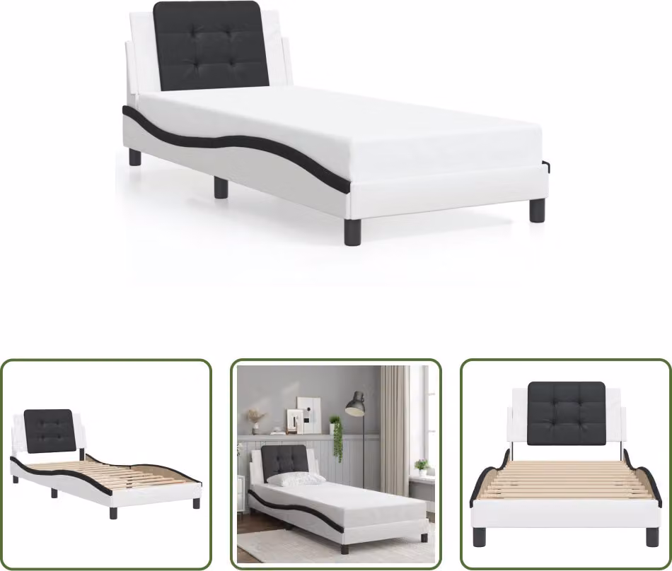 The Living Store Struttura letto con testiera bianca e nera 90x200 cm in ecopelle