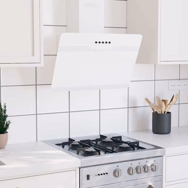 vidaXL Cappa da parete in acciaio e vetro temperato bianca con display LED e modalità aspirazione o ricircolo, L: 60 cm, H: 62 cm, P: 33 cm
