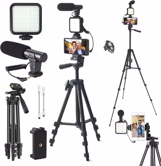 Kit per vlogging per smartphone e fotocamera con treppiede, microfono e luce