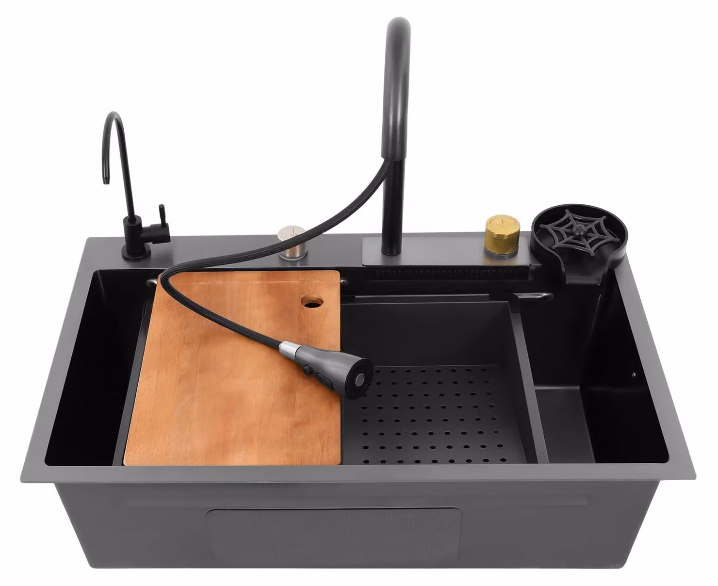 Lavello da cucina in acciaio inossidabile - Lavello a una vasca con miscelatore a cascata - 75 cm - Miscelatore estraibile - 3 fori - Montaggio a incasso - Cesto per scolatura