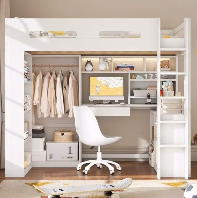 Letto a soppalco 90x200 cm bianco con scrivania, armadio, LED e ripiani