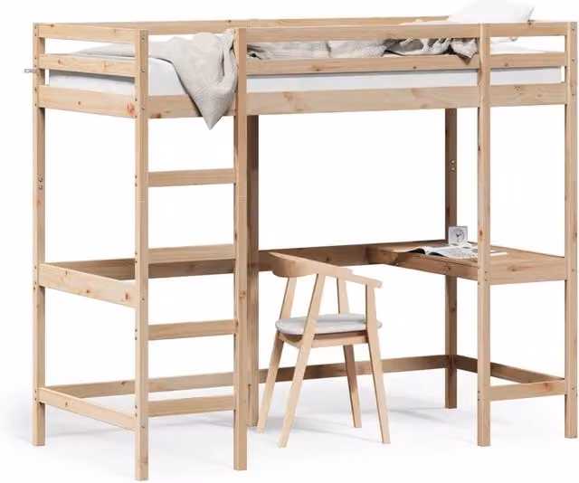 Letto singolo | Letto per adulti | Letto Soppalco con Scrivania 90x200 cm Legno Massello Pino