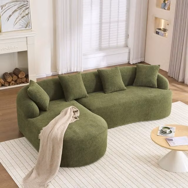 Divano modulare angolare curvo con chaise longue sinistra in chenille verde senza attrezzi 243 × 150 × 67 cm
