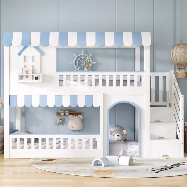 Letto a castello per bambini con scala contenitore e struttura a casetta, bianco e blu, L/P/H: 200 x 90 x 170 cm