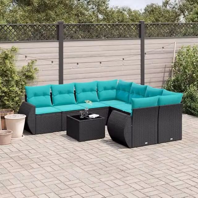 Set Divani da Giardino 9 pz con Cuscini Nero in Polyrattan 3221156