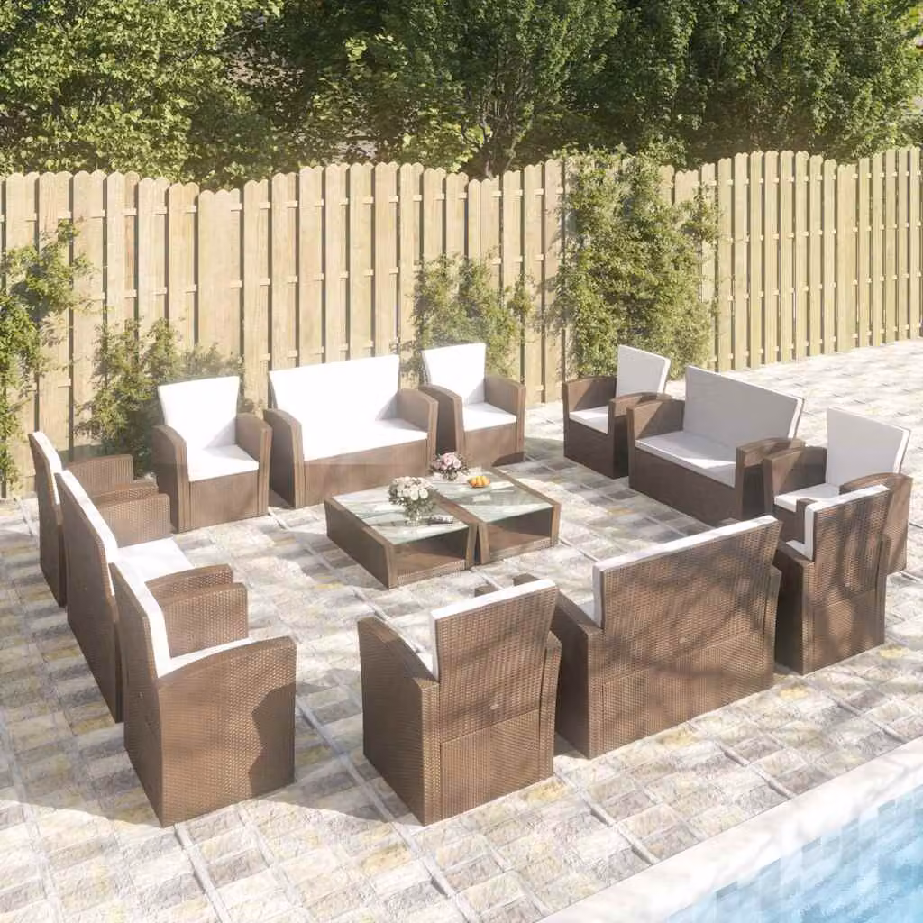 Set di divani da giardino vidaXL 16 pezzi con cuscini in polyrattan marrone e bianco