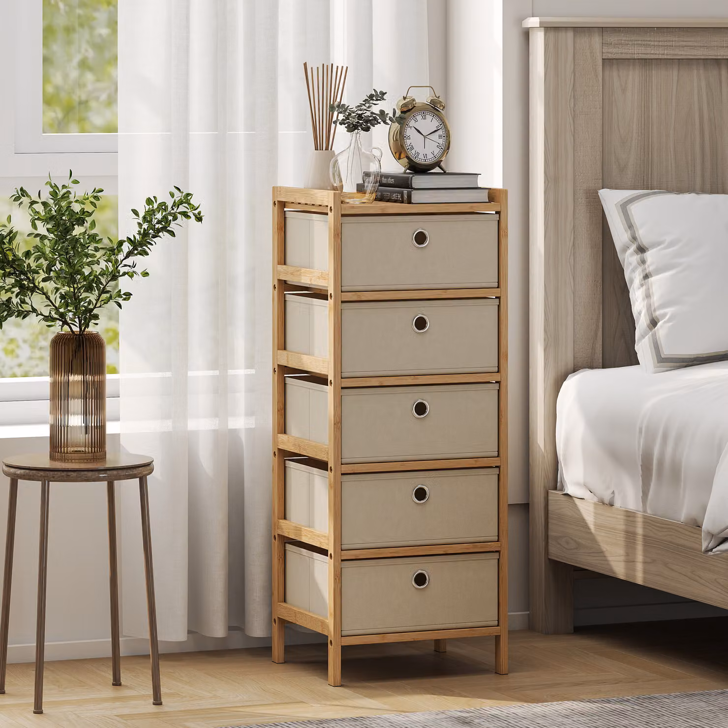 Cassettiera HOMCOM con 5 cassetti in tessuto e struttura in bambù, colore crema e naturale – 2