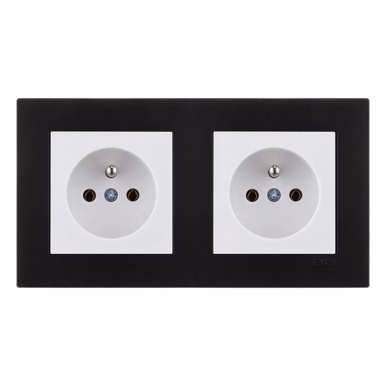2 prese singole con spina, bianco + cornice doppia, nero metallizzato, EXEN