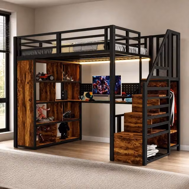 Letto a soppalco 90 x 200 cm con scrivania; armadio; scala contenitore e LED; nero