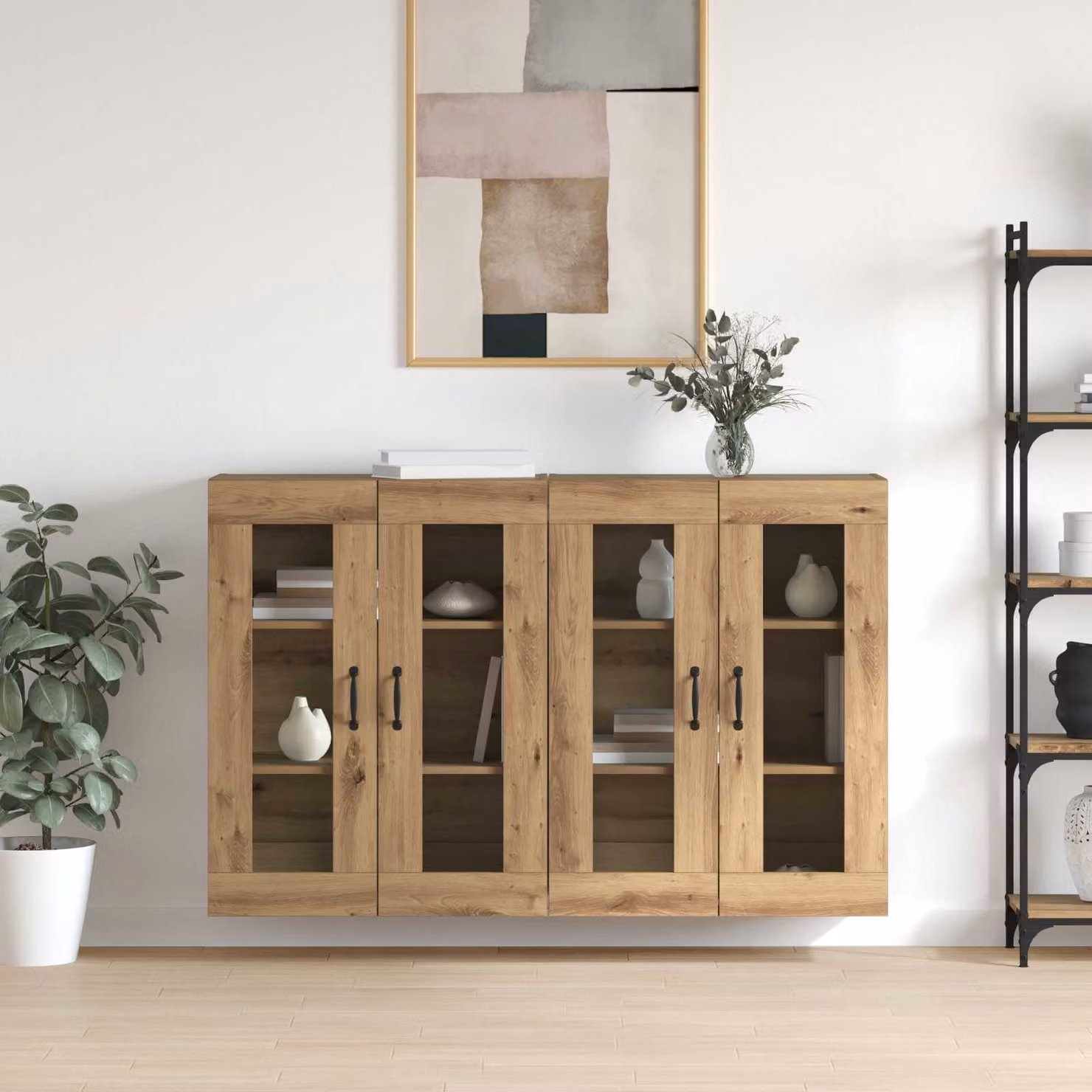 Set di 2 armadi da muro vidaXL in rovere con ante in vetro, L: 69,5 cm, P: 34 cm, H: 90 cm – 1