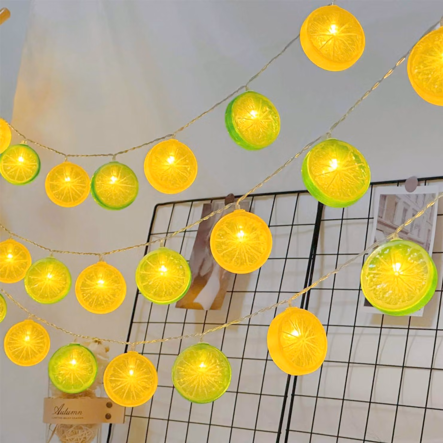 Catena luminosa a LED con forma di fette di limone, lunghezza 1,5 metri, 10 luci, colore giallo-verde