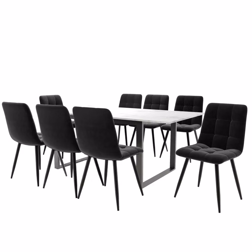 Set tavolo da pranzo allungabile MIVRAY con 8 sedie imbottite, tavolo rettangolare in MDF bianco opaco e gambe in metallo – 2
