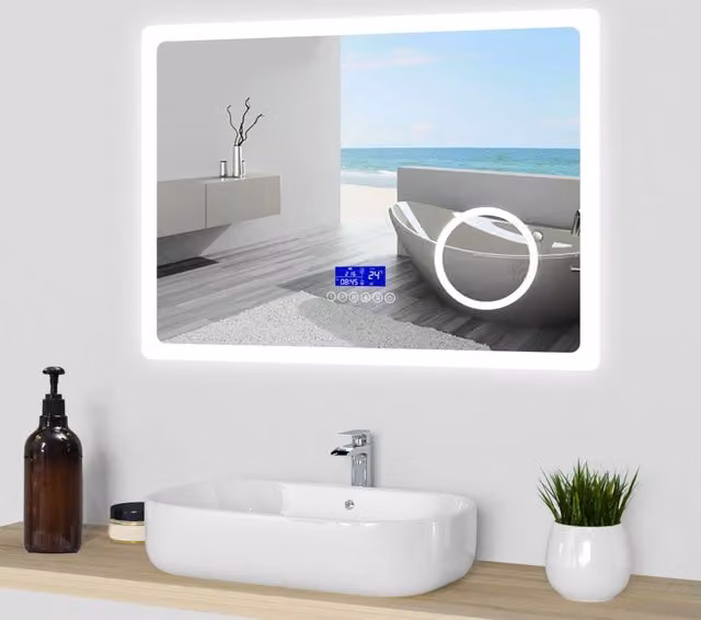 Aica Specchio da bagno bluetooth 80x60cm con antiappannamento + dimmerabile + 3 colori + ingrandimento 3X