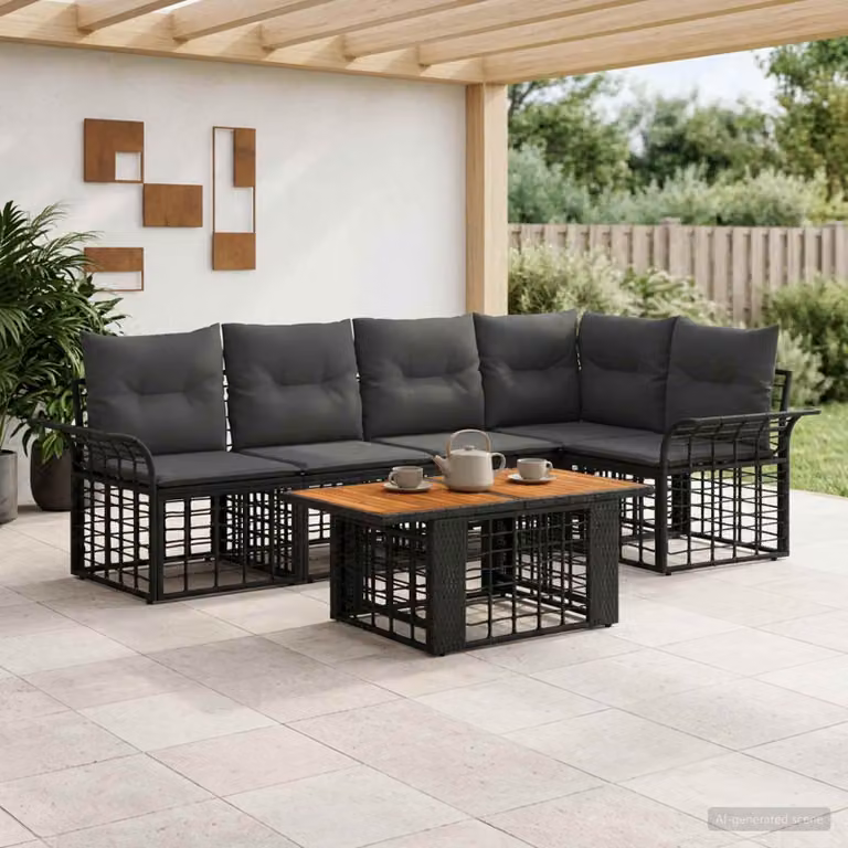 Set Divano da Giardino vidaXL 6 Pezzi in Polyrattan con Tavolino e Cuscini, Design Moderno a L, Nero e Grigio