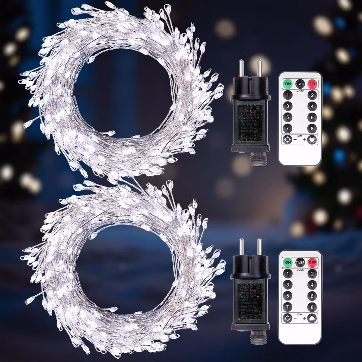 Set di 2 catene luminose con effetto fuochi d'artificio, lunghezza 6 metri, 200 LED, luce bianca fredda