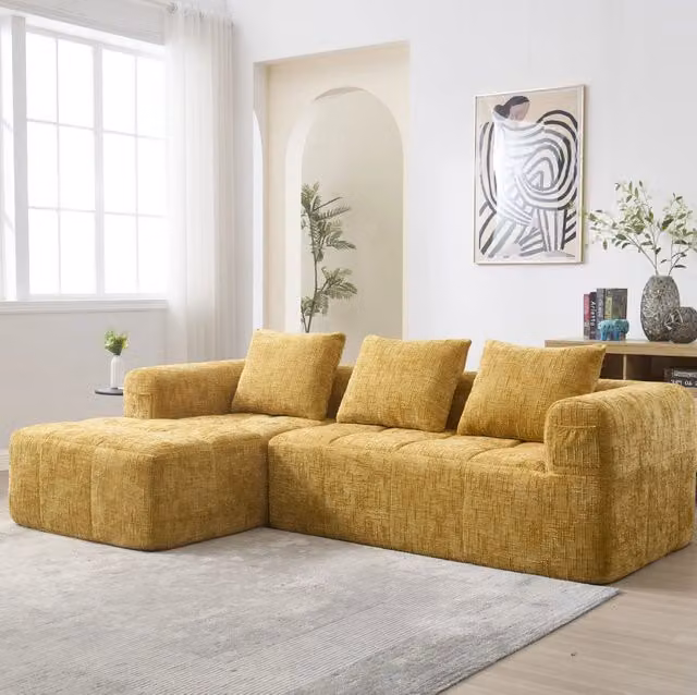 Sofa angolare 250x158x60 cm modulare con tasca laterale in chenille gialla