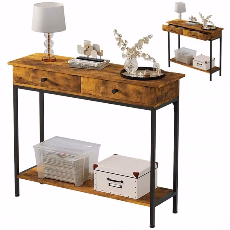 Consolle, cassettiera, tavolino in colore marrone scuro, in stile loft, industriale e retrò, con 2 cassetti