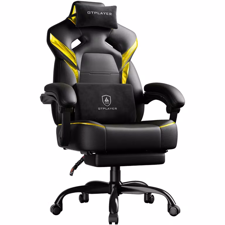 GTPLAYER Sedia da gaming, poltrona da gaming, sedia da gaming con poggiapiedi, cuscino lombare, poggiatesta, regolabile in altezza, braccioli regolabili, con poggiapiedi, giallo