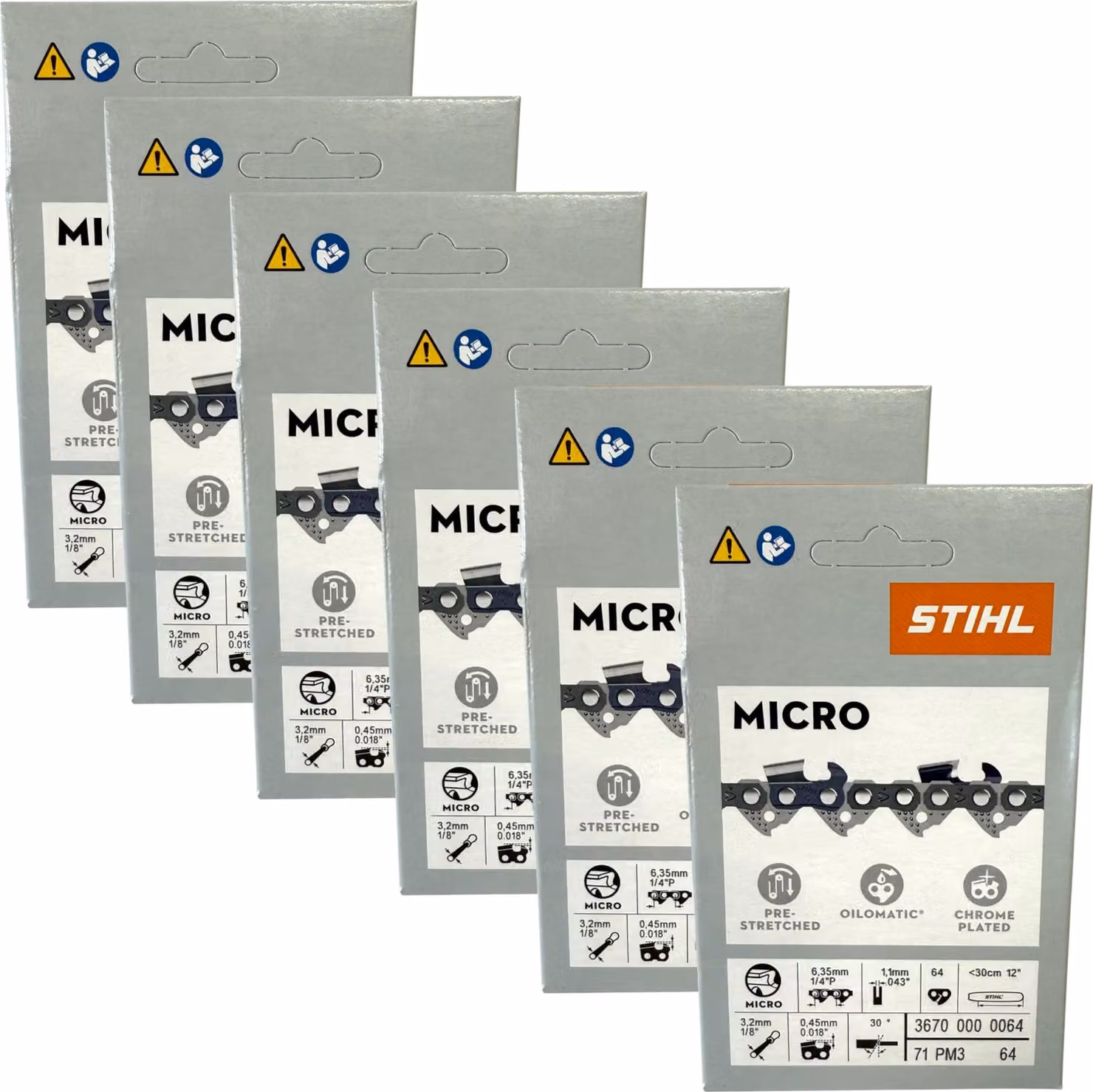 Stihl 6x 1/4" Picco Micro 3 (PM3) catena per sega 30 cm 1/4" P 1,1 mm 64 TG 6 pezzi ( 6x 36700000064 )
