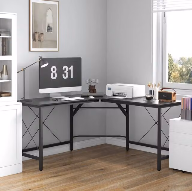 Scrivania angolare nera 150x150x76 cm in MDF e acciaio