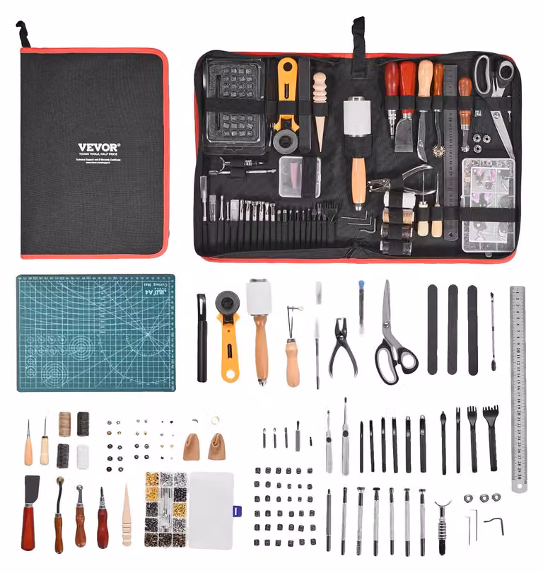 VEVOR Set di attrezzi artigianali in pelle da 61 pezzi con borsa portatile in tela Strumento grafico Strumento di punzonatura