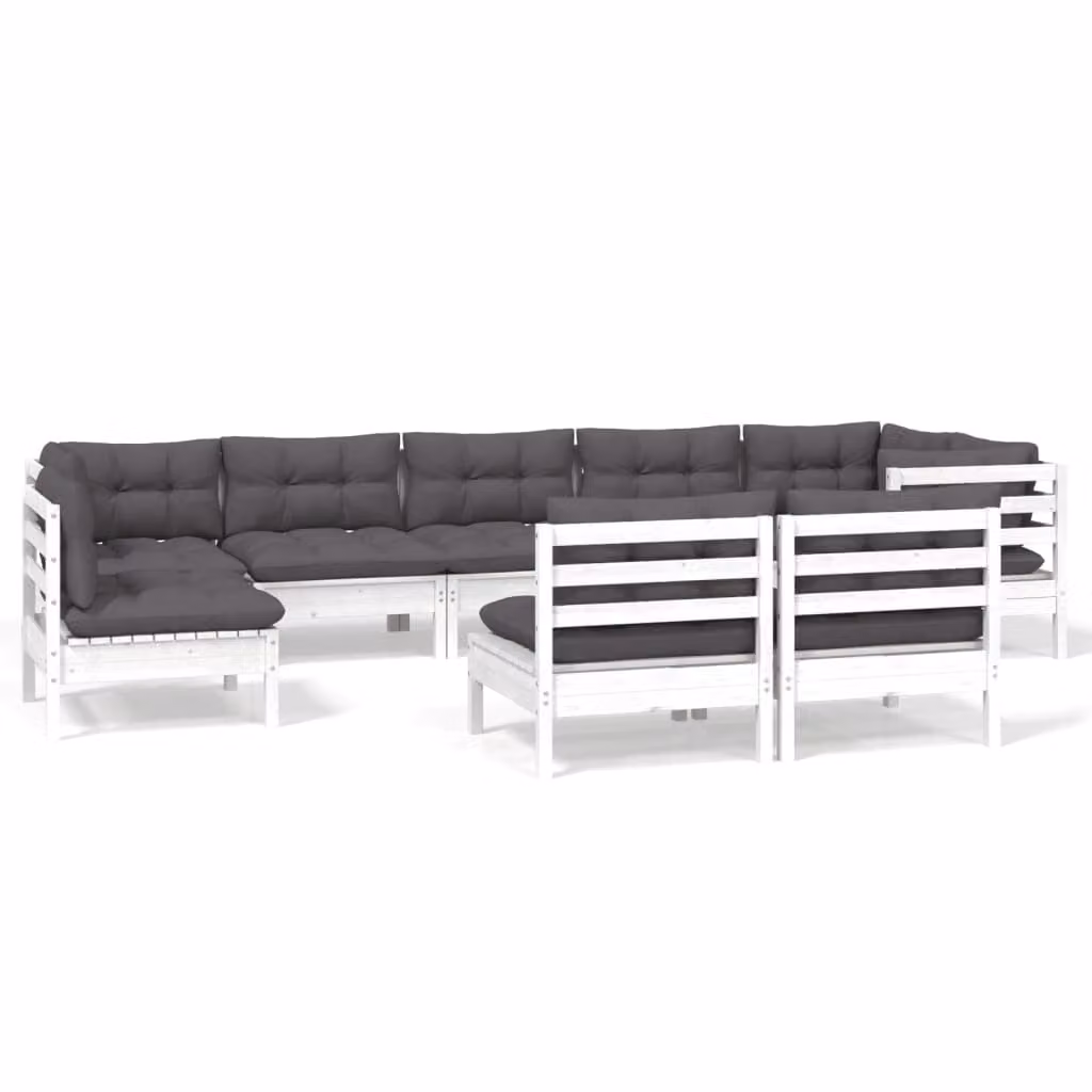 Set Divani da Giardino 9 pz con Cuscini Bianchi Legno di Pino
