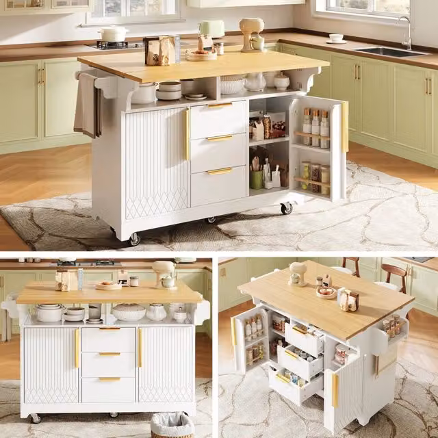 Isola cucina multifunzione con estensione tavolo posizionabile, ante a motivo verticale, ampio spazio con cassetti, piano ribaltabile su entrambi i lati, credenza su ruote