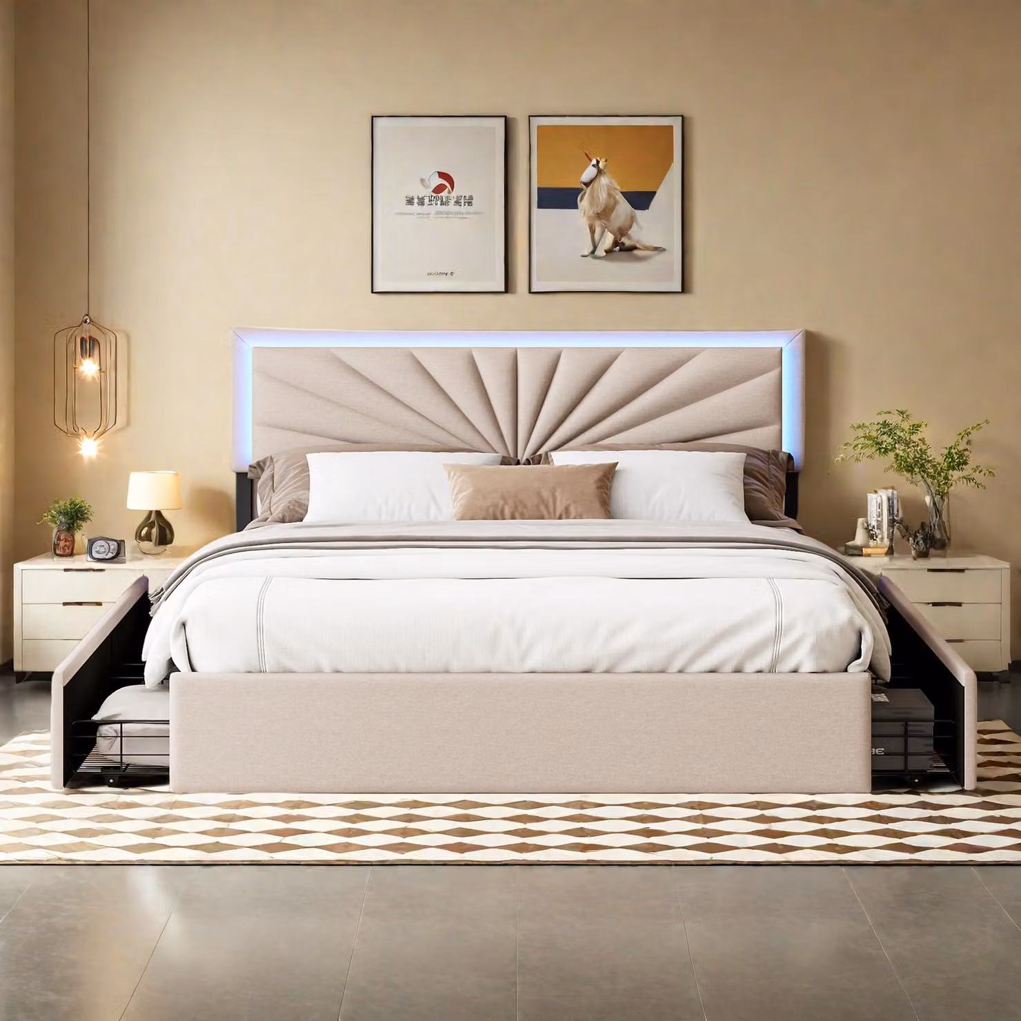 Letto imbottito ProximaX 160x200cm con LED e testata regolabile in altezza, letto matrimoniale con rete a doghe e 4 cassetti, doghe in legno e staffa in metallo, letto contenitore per biancheria, beige